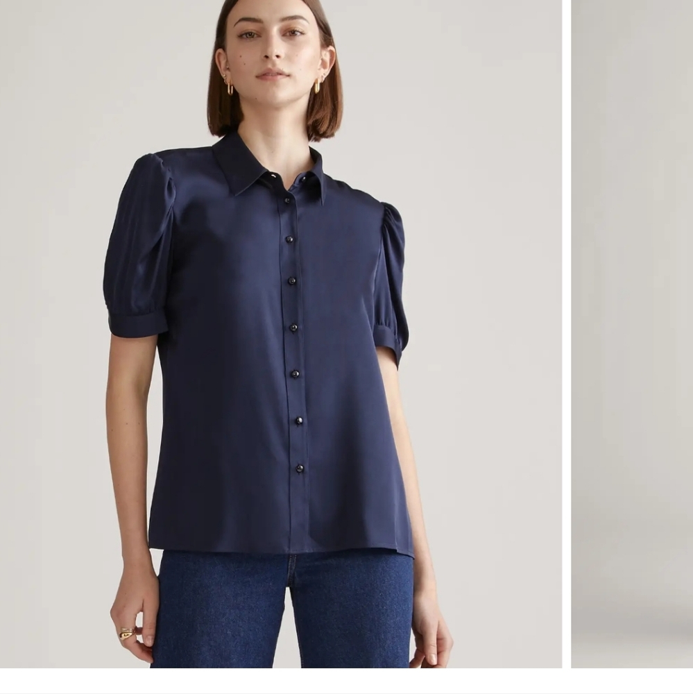 Quince Washable Silk Puff Sleeve Blouse  Navy  XS
